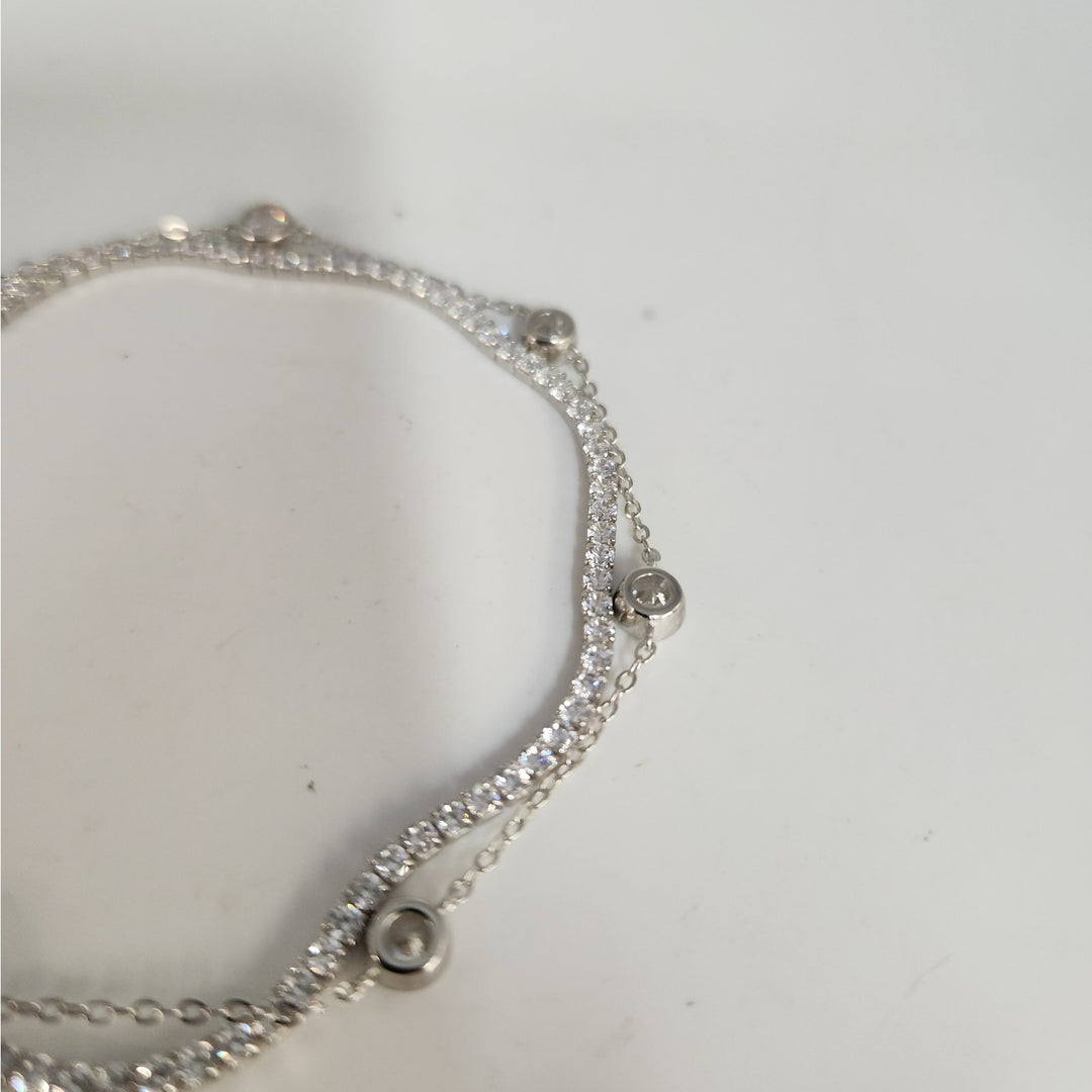 925 Sterling Silver Double layer Tennis & Bezel Set CZ bracelet 8"