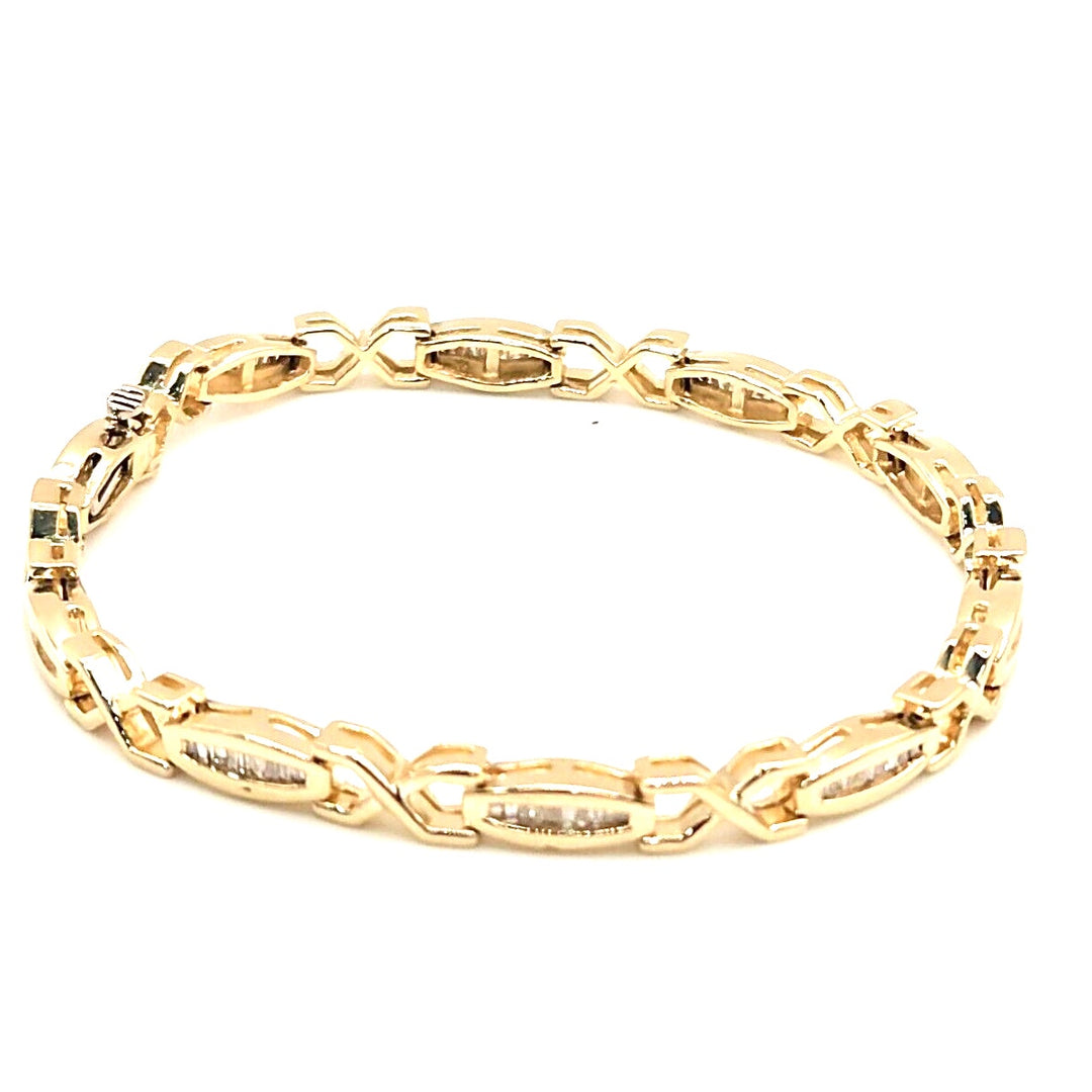 Beautiful 14k Solid Yellow Gold Baguette Diamond Bracelet 7"