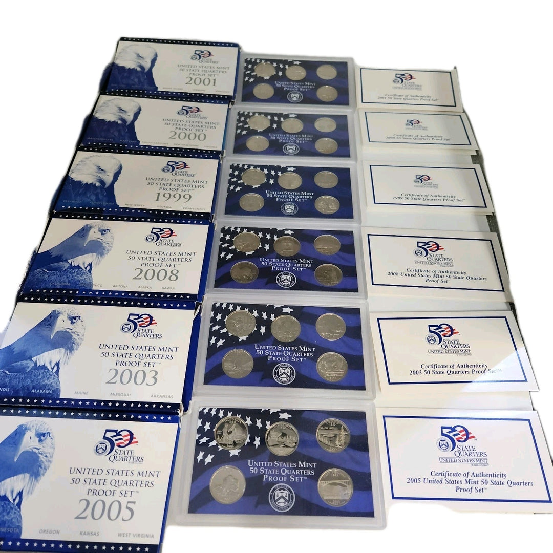 US Mint State Quarter Proof Sets 1999, 2000, 2001, 2003, 2005, 2008