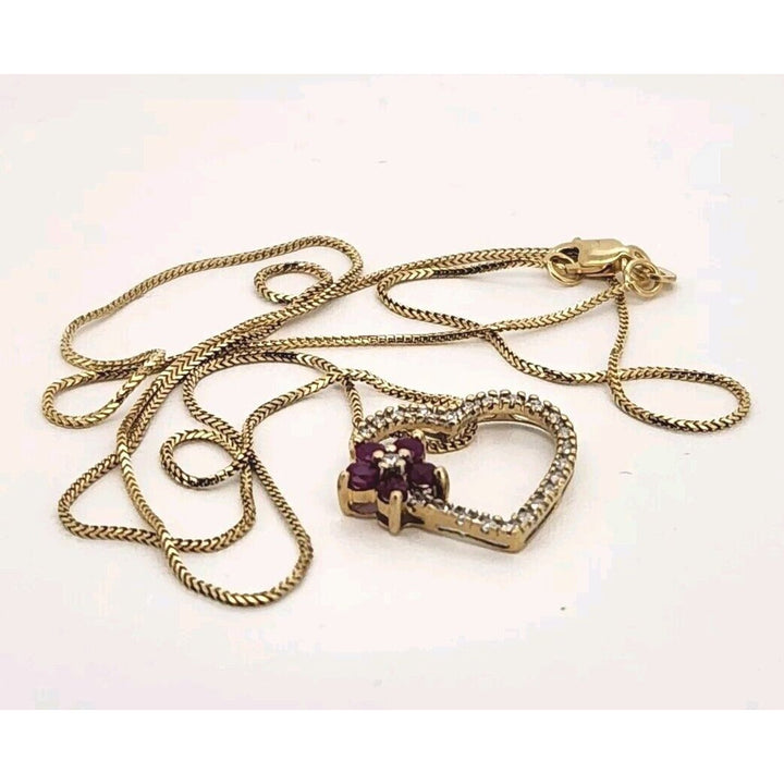 10k Yellow Gold Ruby & Diamond Pendant Necklace 18"
