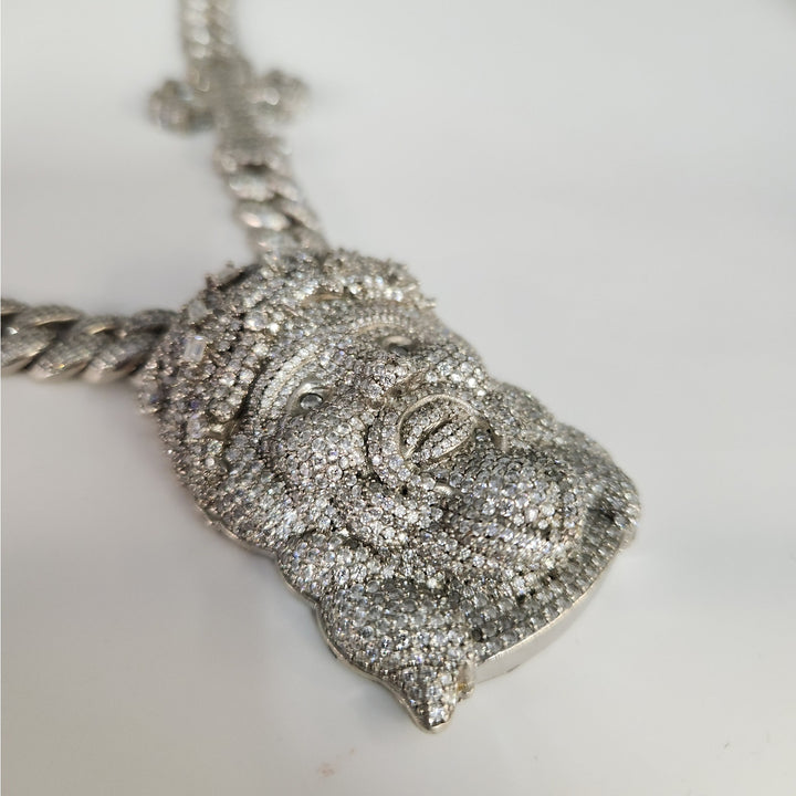22" 925 Sterling Silver Iced Cuban Link Chain Jesus Head & Double Cross Pendants