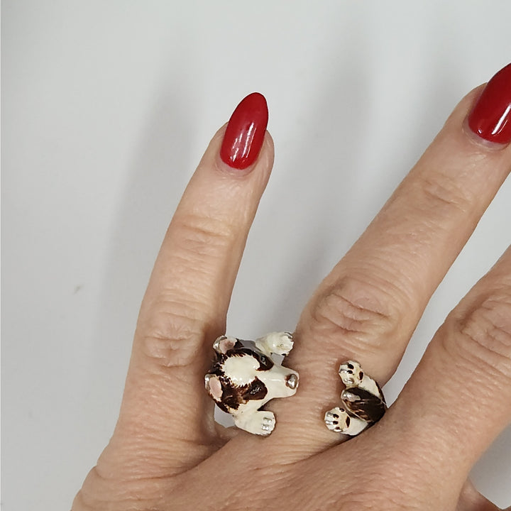 Dog  FEVER 925 Sterling Silver Enamel Dog Hug Wrap Ring