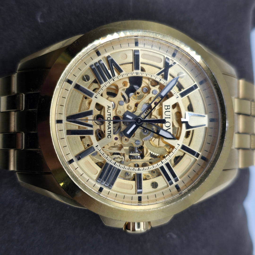 Bulova Sutton Automatic Skeleton Men's Watch Gold Tone 43mm 97A162