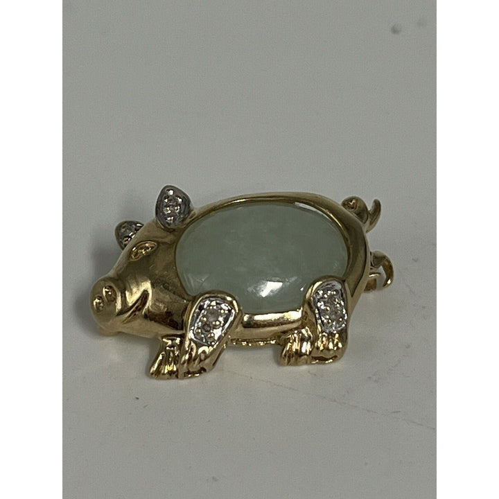 10k Yellow Gold Jade & Diamond Pig Brooch pin And Pendant