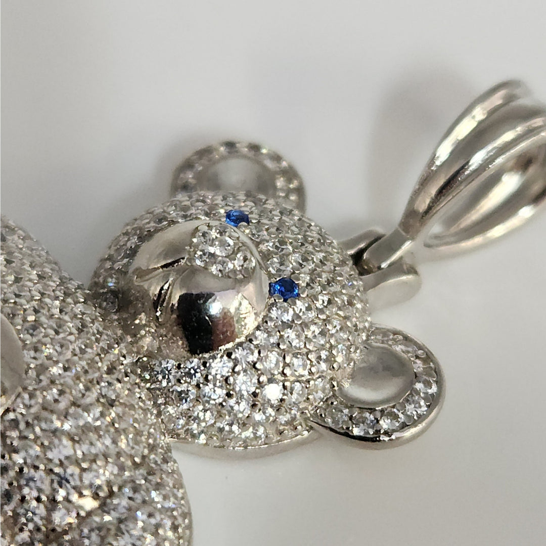 925 Sterling Silver Teddy Bear Pendant With Blue Heart Stone And CZ Accents
