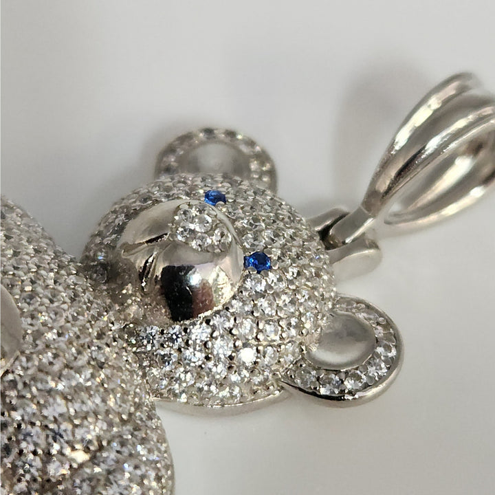 925 Sterling Silver Teddy Bear Pendant With Blue Heart Stone And CZ Accents