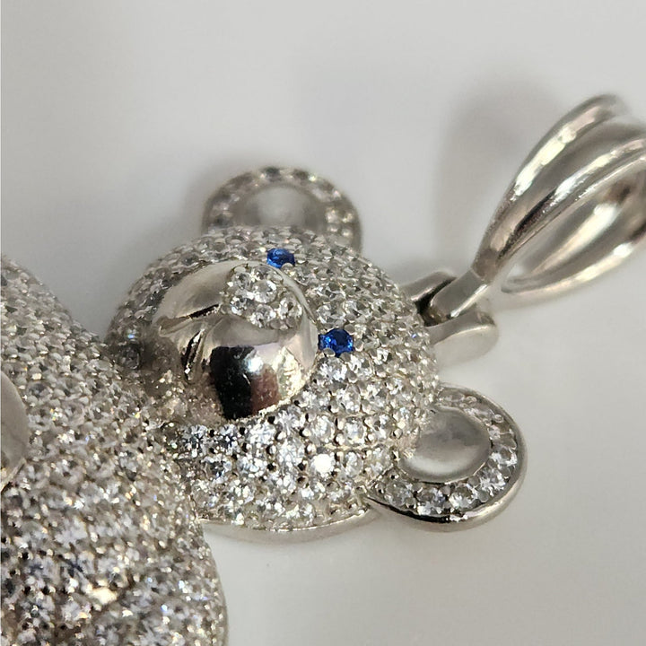 925 Sterling Silver Teddy Bear Pendant With Blue Heart Stone And CZ Accents
