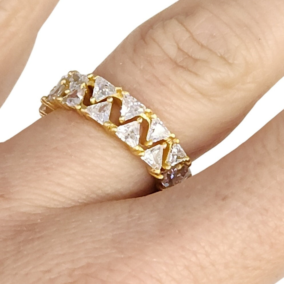 925 Sterling Silver Gold Tone Cubic Zirconia Eternity Band Ring  Triangle Cut  Size 6