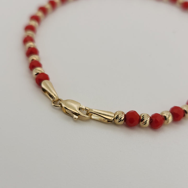 14k Yellow Gold Fashion Red And Gold Beaded Bracelet 7.5"