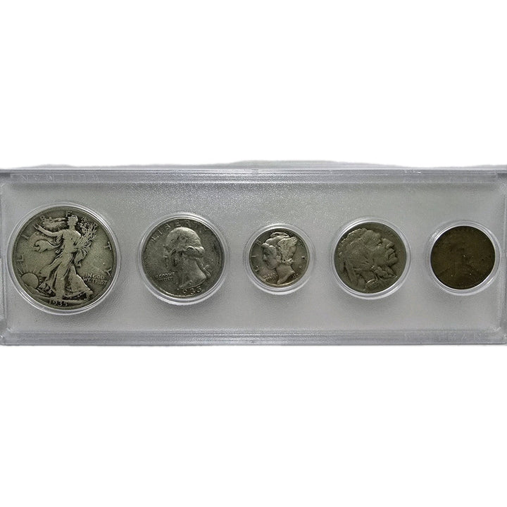 1935 Birth Year Set, Lot Of 5 coins, 90% Silver half dollar, quarter & dime