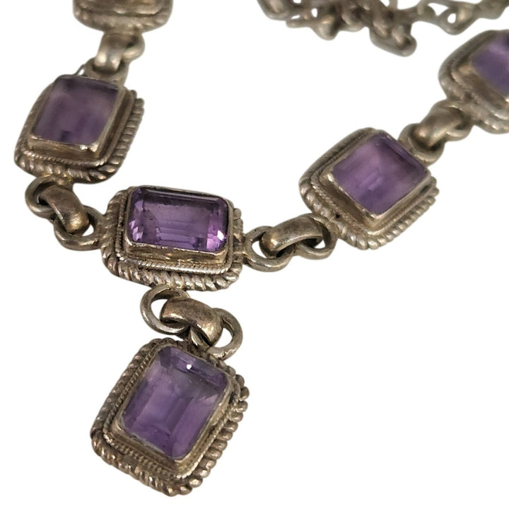 Vintage 925 Sterling Silver Natural Rectangular Purple Amethyst Necklace 19"