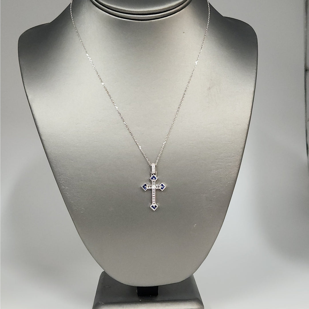 Elegant 925 Sterling Silver Cross Pendant Necklace Baguette CZ & Blue Sapphires