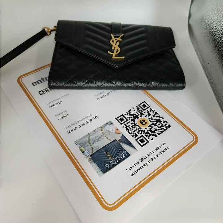 Saint Lauren YSL Black Quilted Envelope Wallet /Crossbody Bag W/ Gold Hardware
