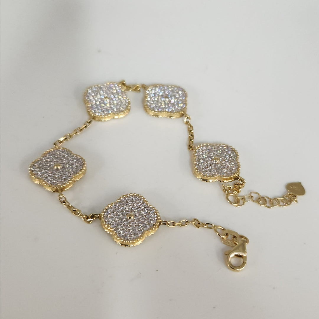 Fashion 14k Gold And Zirconia Solid Flower Clover Bracelet 7.5”