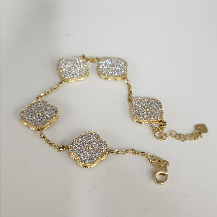 Fashion 14k Gold And Zirconia Solid Flower Clover Bracelet 7.5”