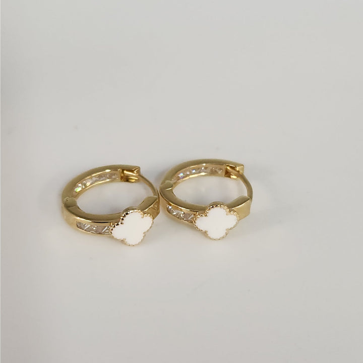 14k Yellow Gold Mother Of Pearl Clover Hoop Earrings With Zirconia Accents