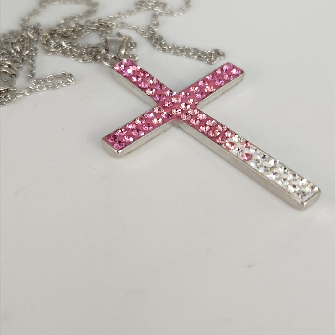925 Sterling Silver Pink & White Crystal Cross Pendant Necklace 18"