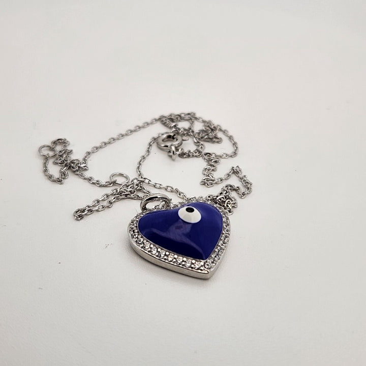 925 sterling silver Blue Evil Eye Good Luck Heart Pendant necklace 17.5"