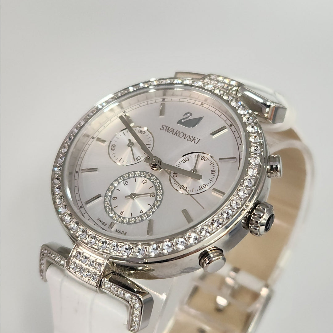 Swarovski Crystal Chronograph Stainless Steel White Leather Strap Watch
