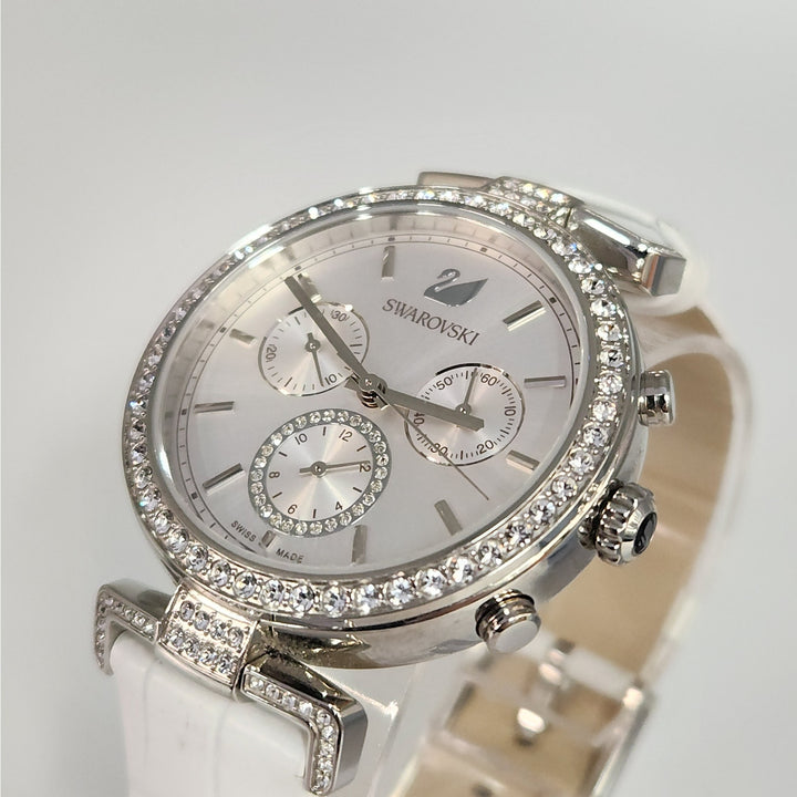 Swarovski Crystal Chronograph Stainless Steel White Leather Strap Watch