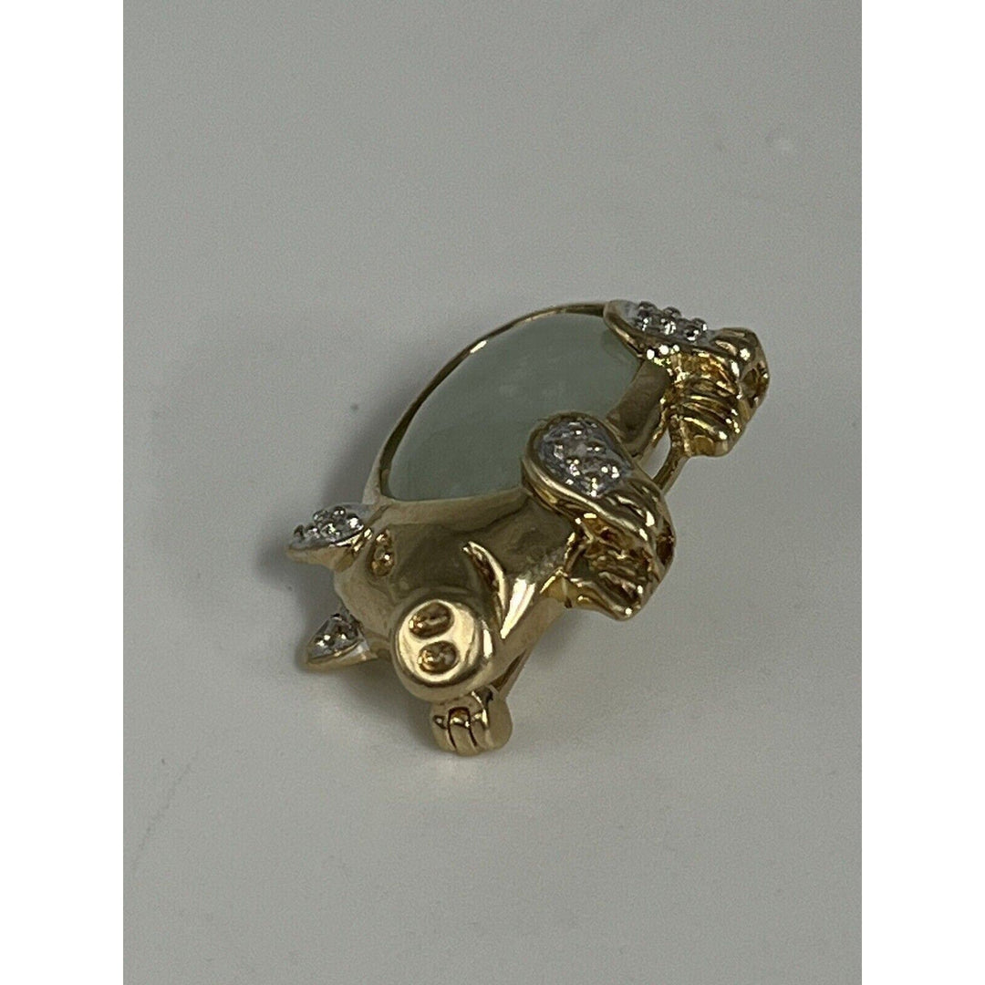 10k Yellow Gold Jade & Diamond Pig Brooch pin And Pendant