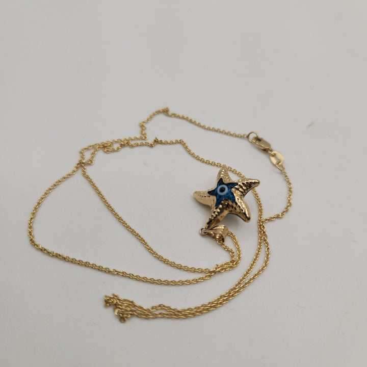 14k Yellow Gold Blue Evil Eye Star Goodluck Pendant Necklace 18"