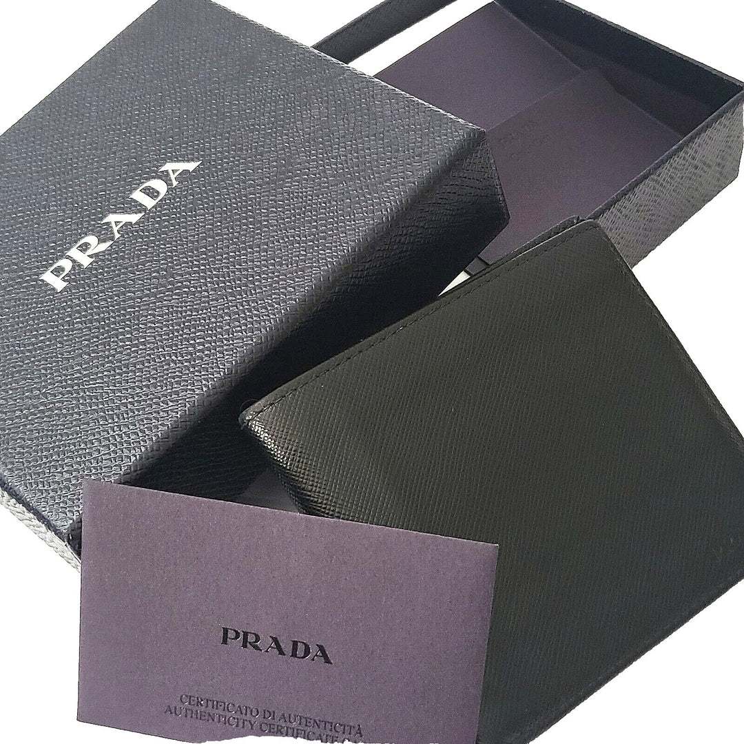 Prada Black Saffiano Leather Men's Bi-Fold Wallet w/ Box & Card