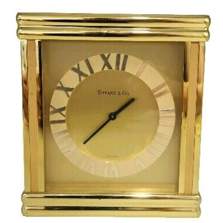 Vintage Tiffany & CO Large Rectangle Brass Desk Clock Quartz Roman Numerals