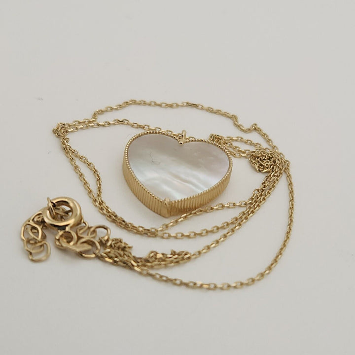 14k Yellow Gold Mother Of Pearl Heart Pendant Necklace 18"