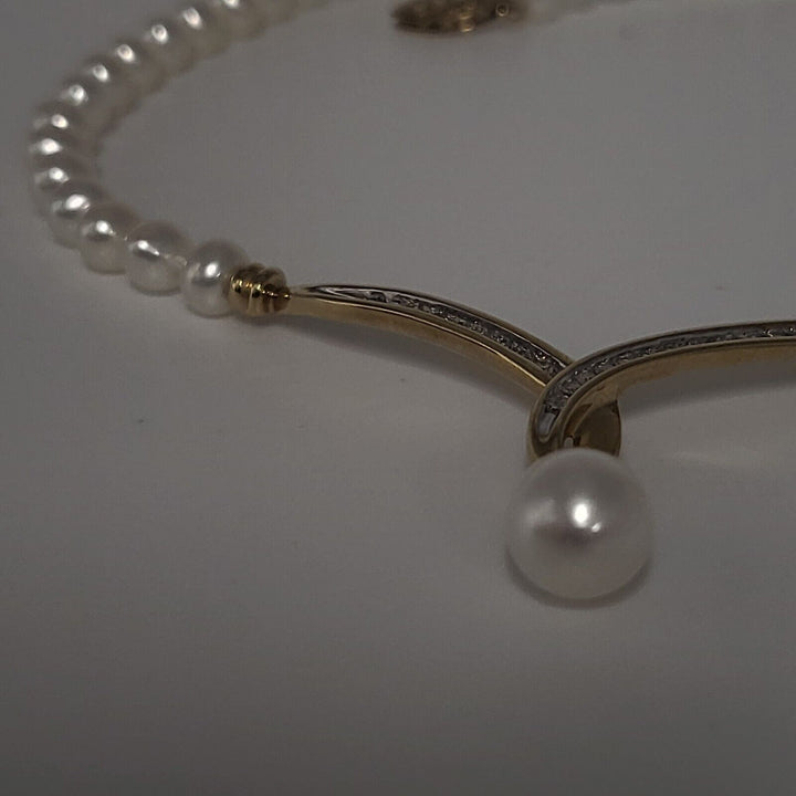 10k Yellow Gold Diamond With Pearls Necklace 18in