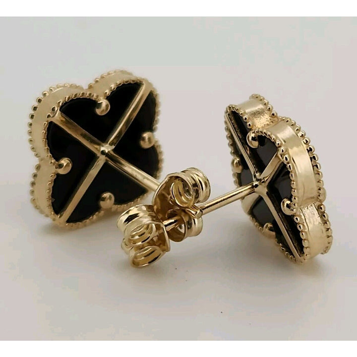 14k Yellow Gold Onyx Clover Flower Stud Earrings