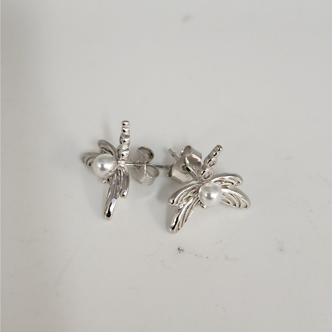 925 Sterling Silver Dragonfly Pearl stud earrings nature inspired vintage style