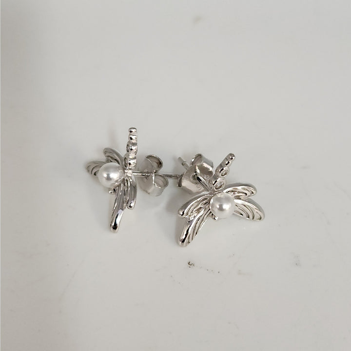 925 Sterling Silver Dragonfly Pearl stud earrings nature inspired vintage style
