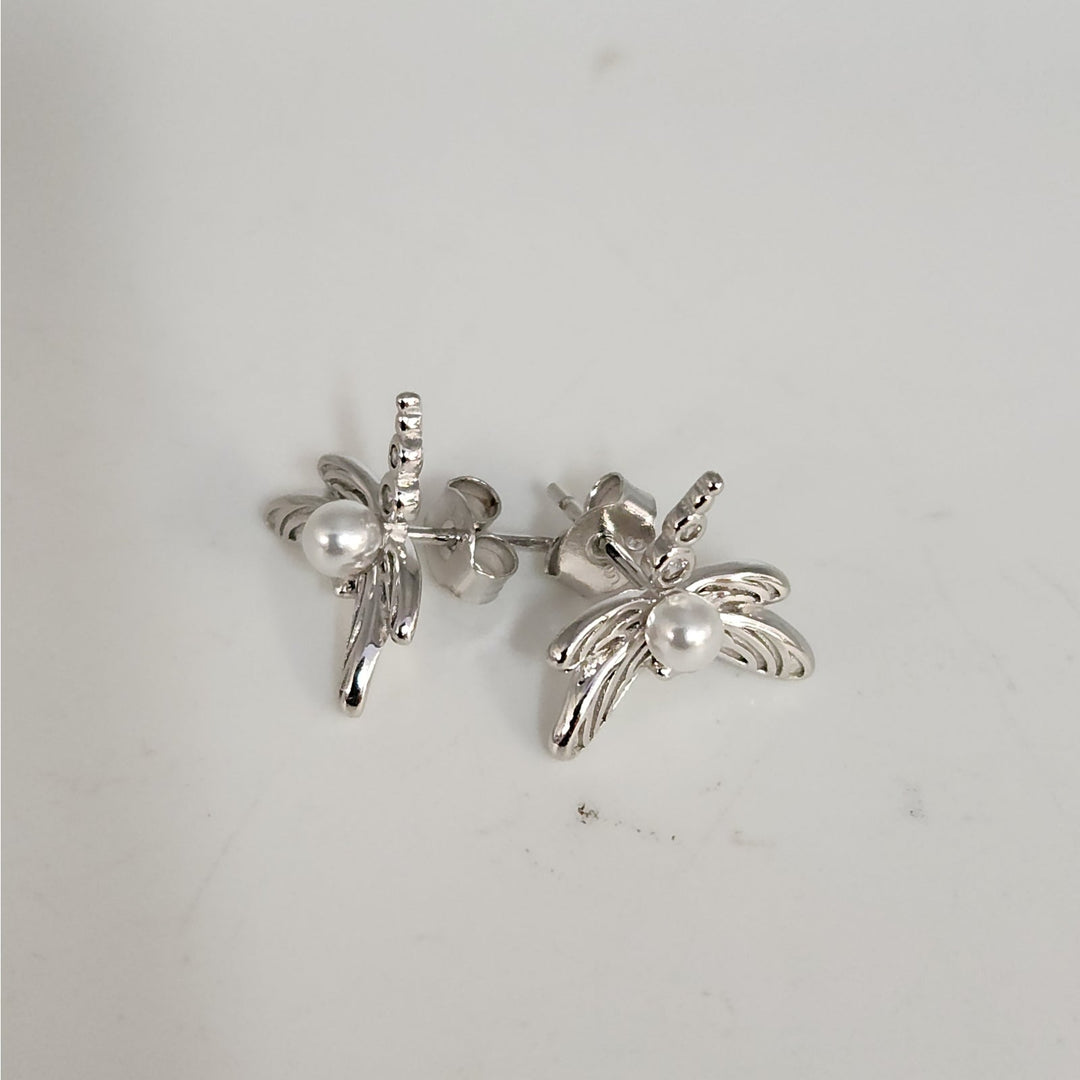 925 Sterling Silver Dragonfly Pearl stud earrings nature inspired vintage style