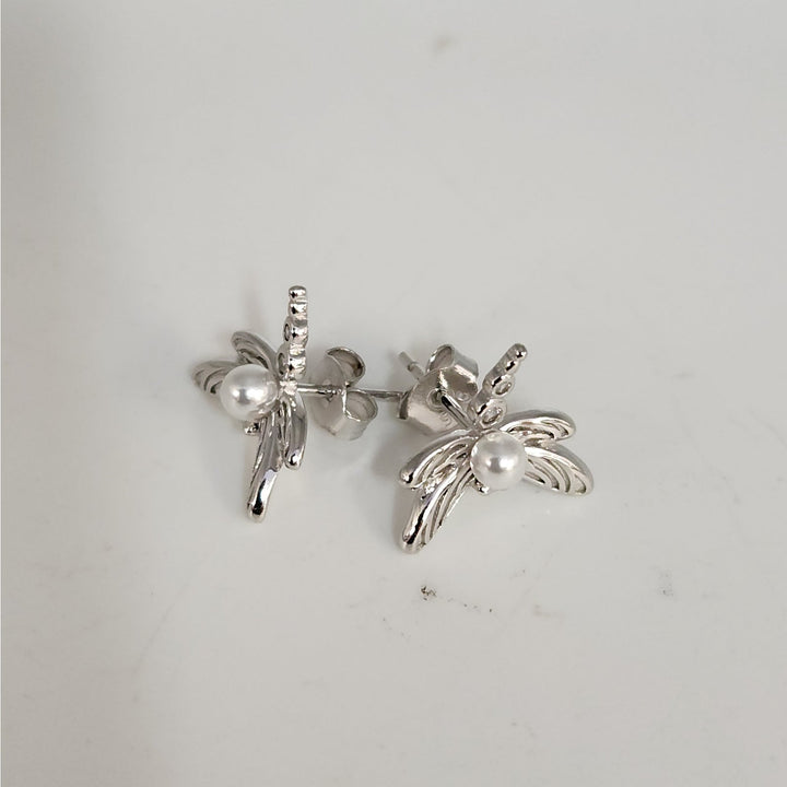 925 Sterling Silver Dragonfly Pearl stud earrings nature inspired vintage style