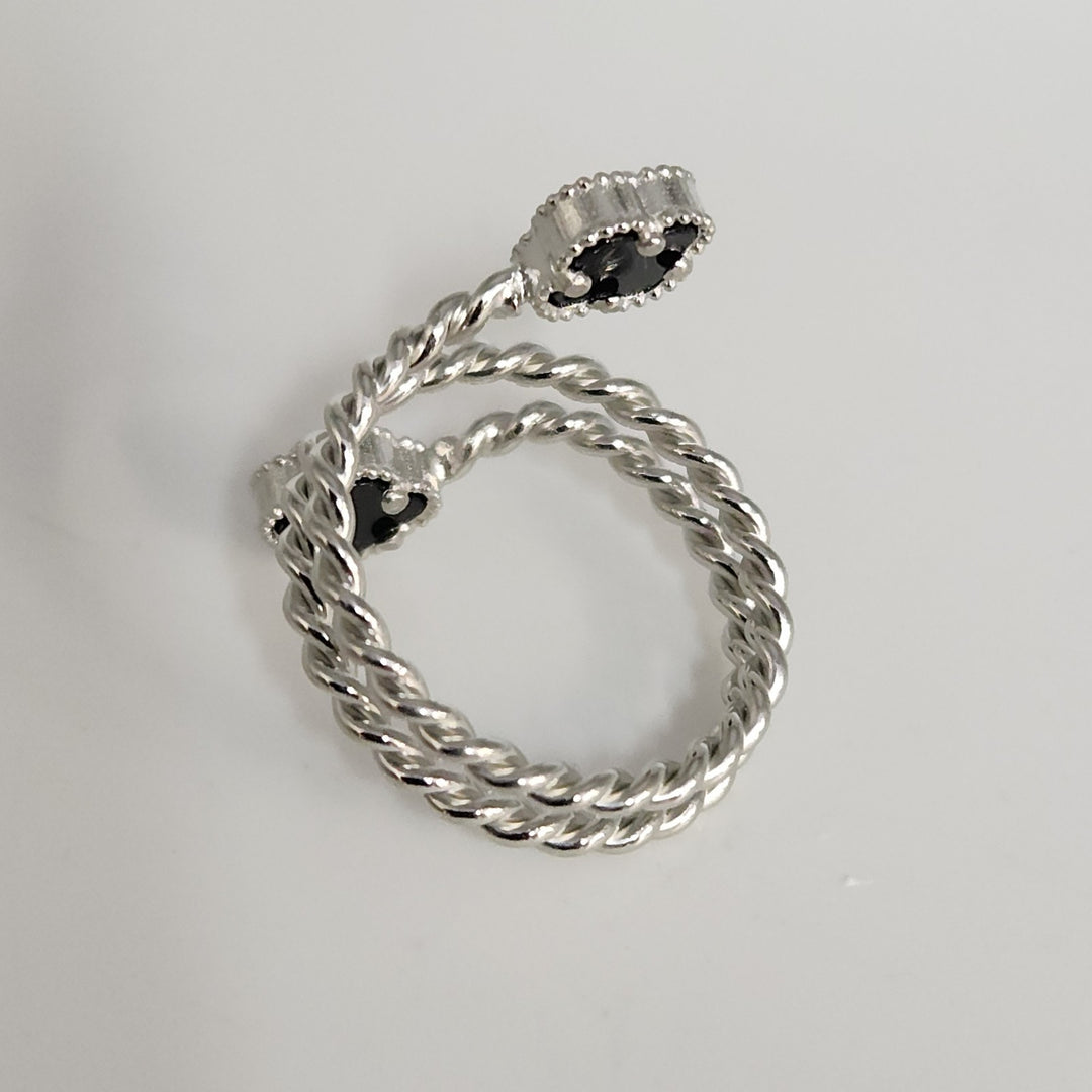 Elegant Silver Double Onyx Clover Adjustable Ring