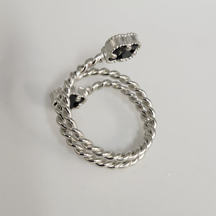 Elegant Silver Double Onyx Clover Adjustable Ring