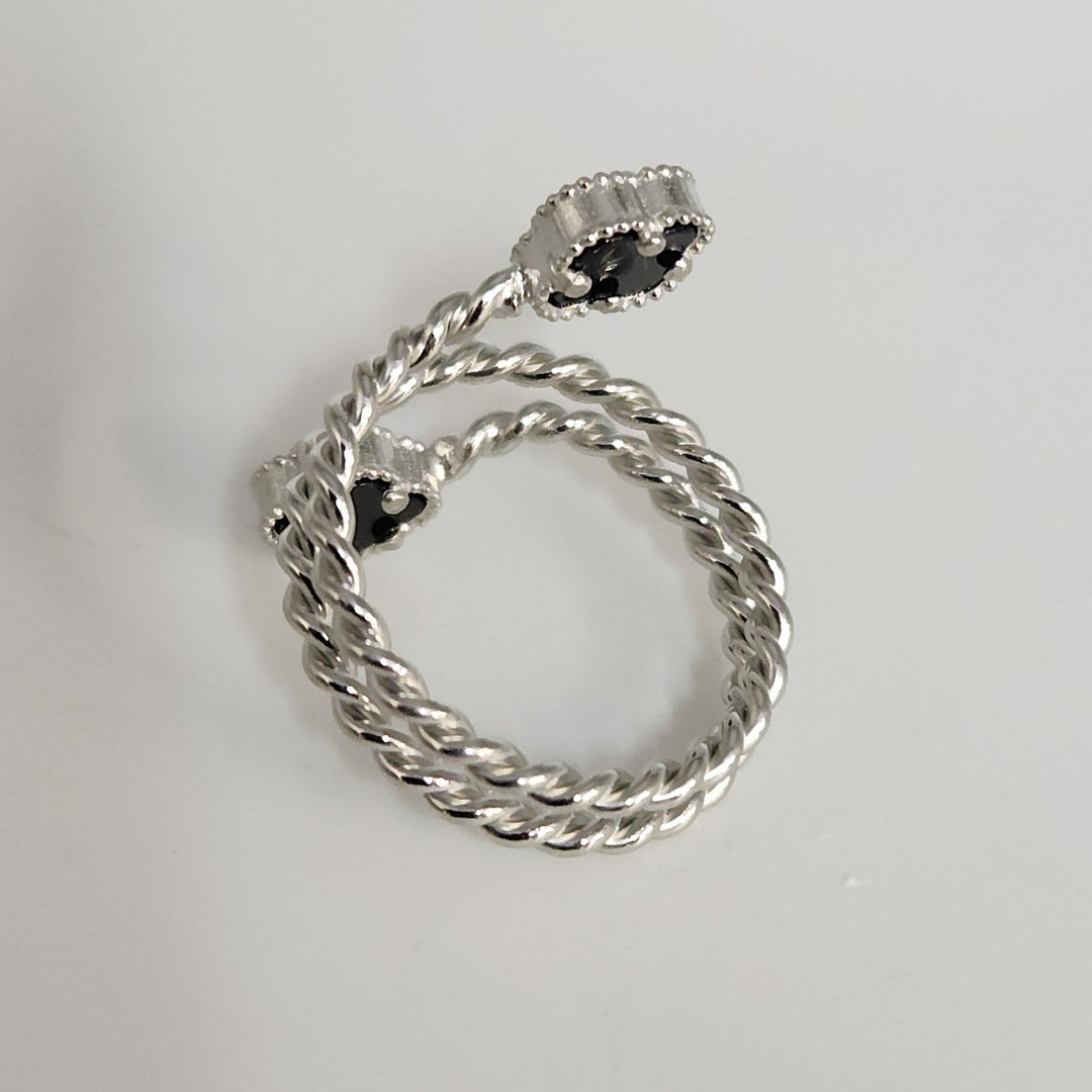 Elegant Silver Double Onyx Clover Adjustable Ring