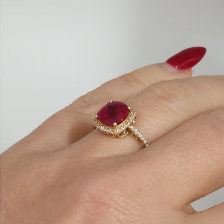 Vintage 14k Cushion Cut Ruby & Diamond Halo  Ring size 6.75