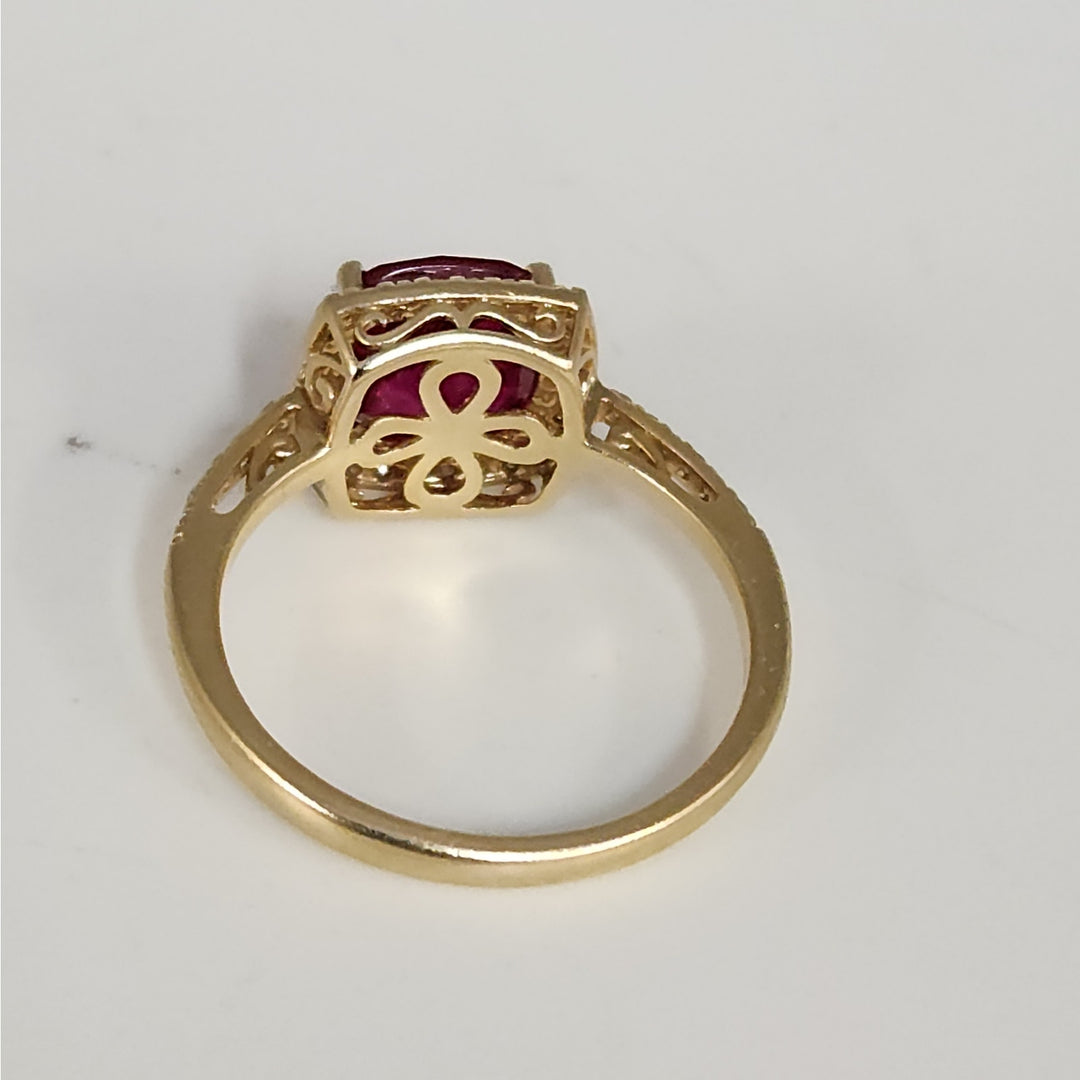 Vintage 14k Cushion Cut Ruby & Diamond Halo  Ring size 6.75
