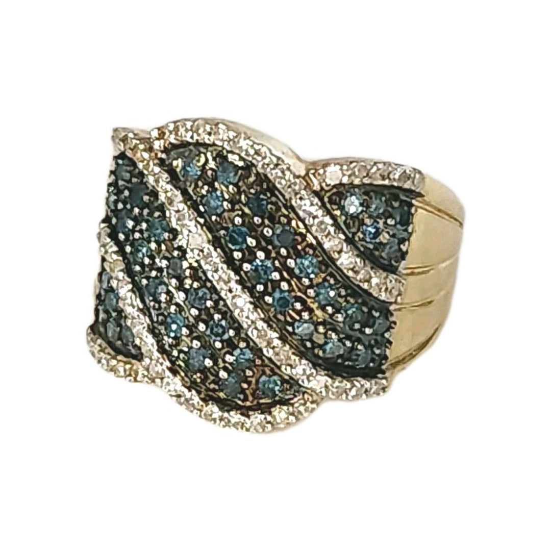 Vintage 10k Yellow Gold Blue And White Diamond Ring Size 6.75
