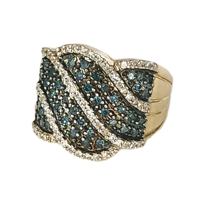 Vintage 10k Yellow Gold Blue And White Diamond Ring Size 6.75