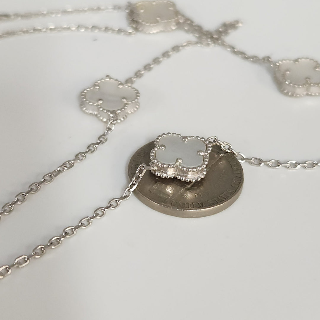 Fashion Silver Mother Of Pearl Clover Motifs Necklace 21"