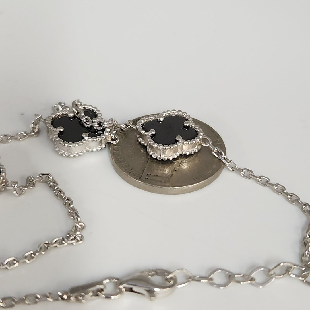 Fashion Silver Onyx Clover Motifs Necklace 22.5"