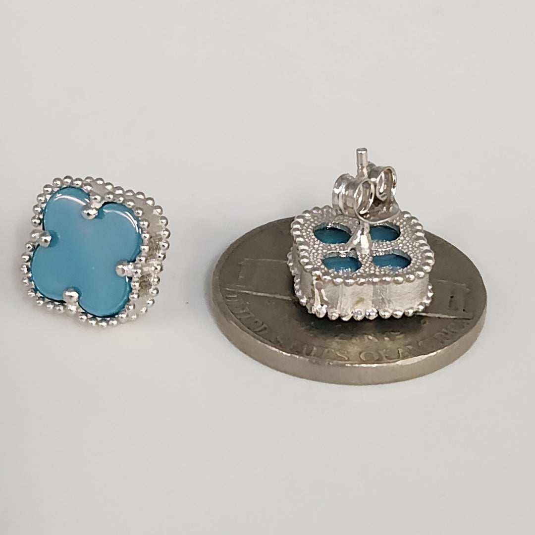 Chic Silver Turquoise Clover Motifs Stud Earrings