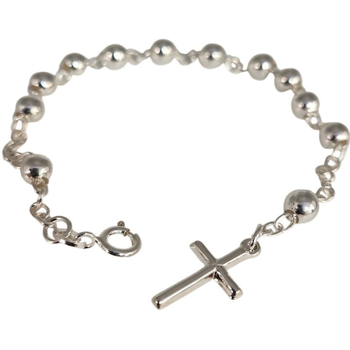 925 Sterling Silver Rosary Bead Cross Bracelet 7.5"