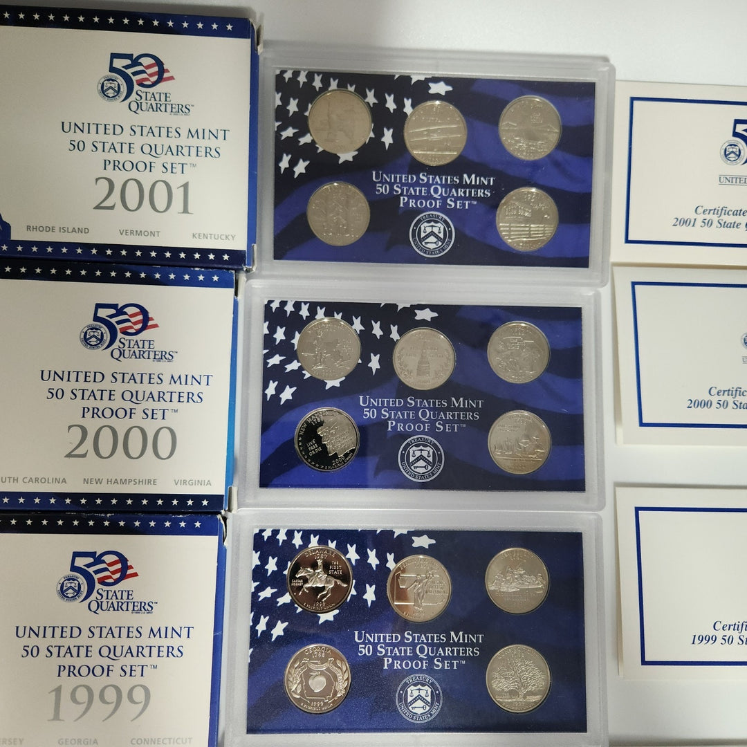 US Mint State Quarter Proof Sets 1999, 2000, 2001, 2003, 2005, 2008