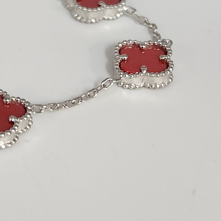Elegant Silver Red Floral Charms Bracelet 7.5"