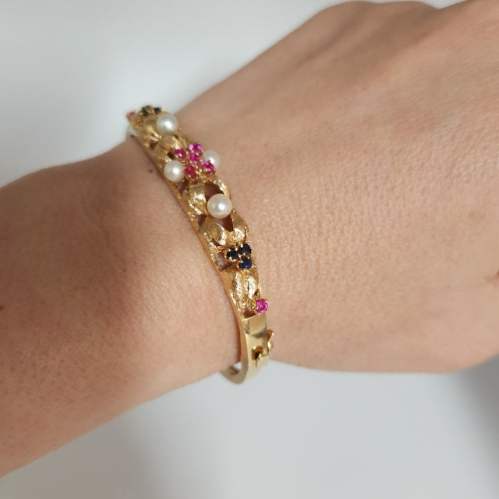 Antique 14k Yellow Gold Pearls,Ruby & Sapphire Bangle Bracelets
