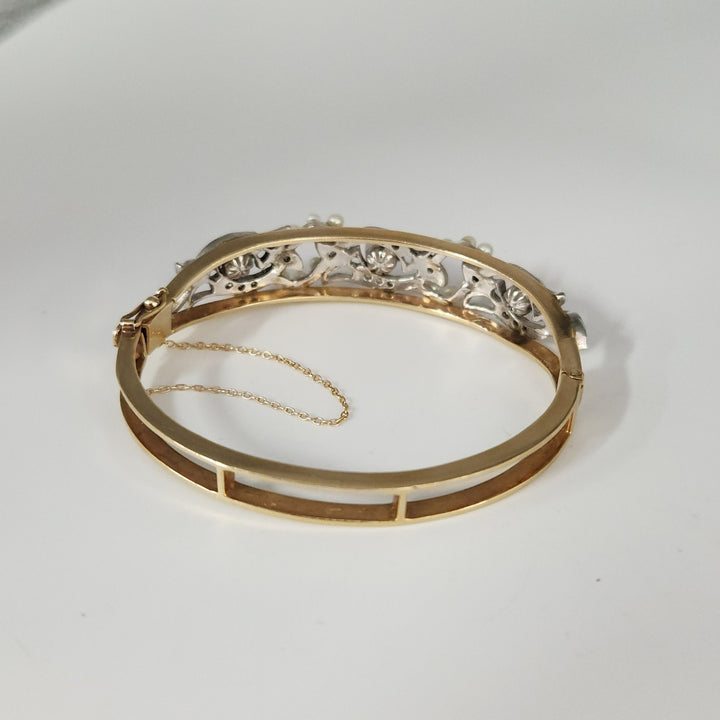 Vintage 14k Two Tone Gold Diamond Pearls Bangle Bracelet